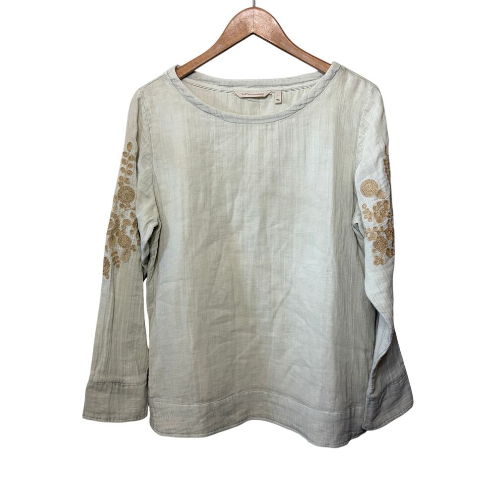 Soft Surroundings Charlotte Tunic Cream Gauze Boho Floral Embroidered Beachy L